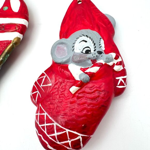 Vtg 5 Pc Hand-Painted Christmas Mouse Ornaments Ceramic Holiday Tree - Picture 10 of 12
